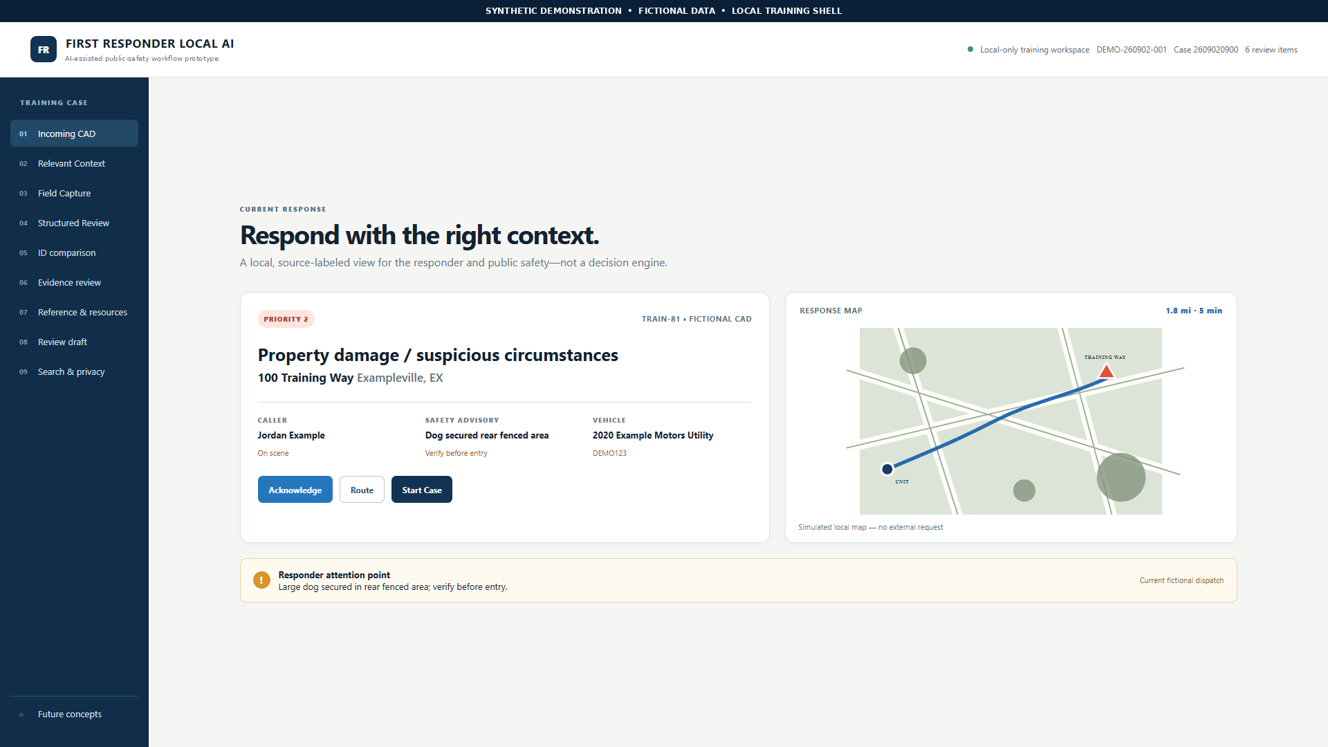 Fictional public-safety application dashboard showing an incoming call, a simulated route, and source-labeled response information.